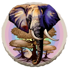 Fotobehang Draw African Elephant, Acacias and Kilimanjaro Mountain on Soft Pastel Rainbow Round Background Vector Illustration 