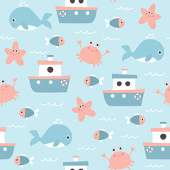 Cute seamless pattern with boat, whale, starfish, crab and fish. Cartoon background with smiling marine animals. Vector illustration.  © Evalinda