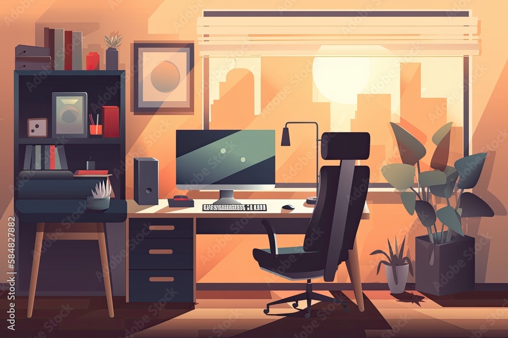 Poster comfortable office space. modern desktop computer. generative ai