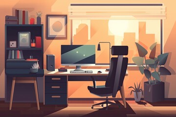 Comfortable office space. Modern desktop computer. Generative AI