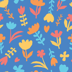 seamless pattern with abstract cut out flowers and leaves, floral elements on blue background for textile prints, nursery decor, kids apparel, scrapbooking, wallpaper, stationary, packaging, wrapping