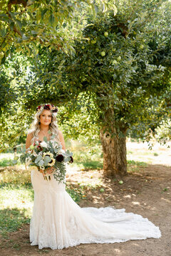 Beautiful Bride Standing under Apple Tree