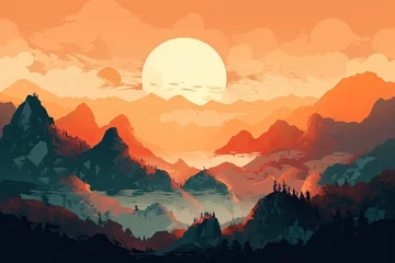 Gordijnen Gorgeous natural scenery mountains and sun, simple art landscape, mountain wall art, abstract boho nature wall, ideal art for living room or workplace. Generative AI © AkuAku