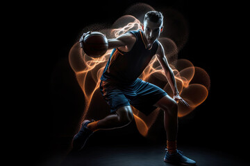 Fototapeta na wymiar Generative Illustration AI of a basketball player on dark background. Long exposure photography with motion blur lines