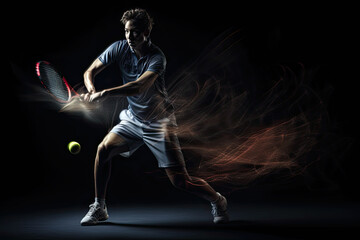 Fototapeta na wymiar Generative AI Illustration of a tennis player making the move of hitting the ball on dark background. Long exposure photography with motion blur lines