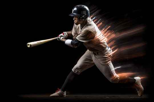Generative AI Illustration of a baseball player making the motion of hitting the ball on dark background. Long exposure photography with motion blur lines