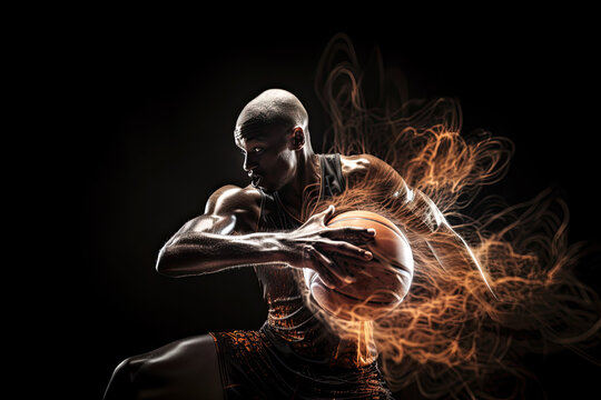 Generative Illustration AI of a basketball player on dark background. Long exposure photography with motion blur lines