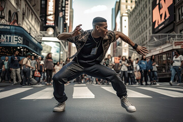 Generative AI Illustration of a black hip hop or urban dance dancer dancing expressively in the streets of a big city