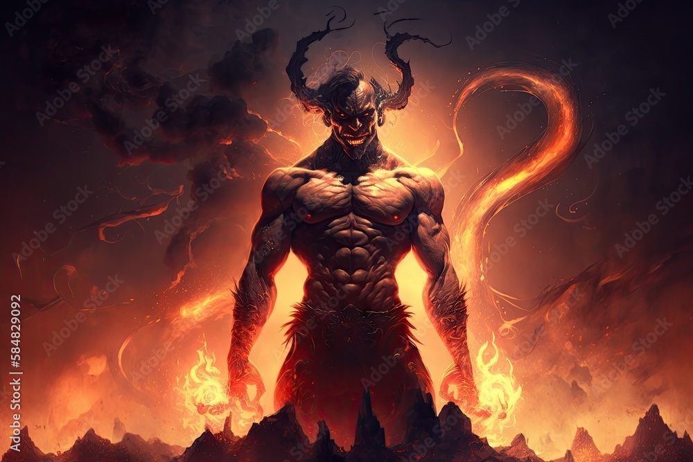 Poster demon, with view of fiery hellscape, torturing and tormenting souls, created with generative ai