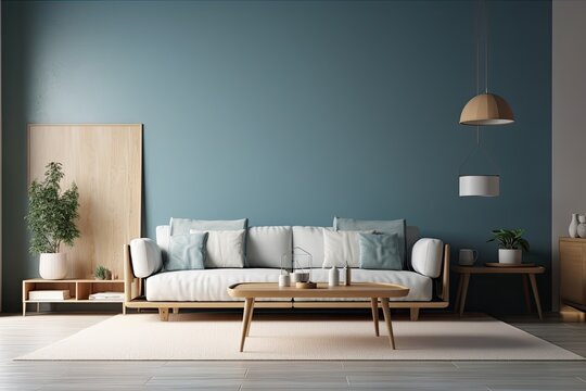 Living room interior wall mockup in warm neutrals with low sofa,modern pleasant style decorating on empty canvas on blue wall backdrop. Generative AI