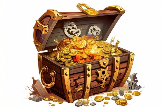 Unlocked Cartoon Pirate Chest with Gold Coins on White Background, Generative AI
