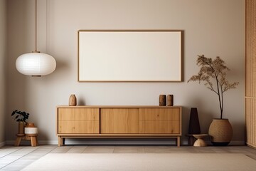 Japanese home room, blurred backdrop. Hardwood dresser with frame prototype. Marmoleum. Modern decor,. Generative AI