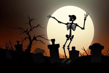 Skeleton dancing in a graveyard with a cap on Generative AI