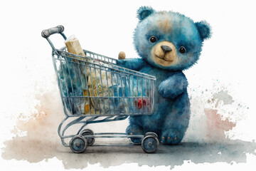 Blue teddy bear standing with a shopping cart watercolor, Generative AI