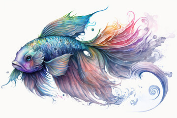 A beautiful rainbow fish with long flowing fins watercolor, Generative AI