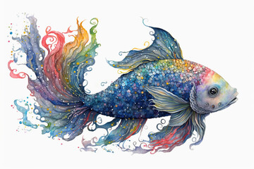 A rainbow fish with long flowing fins watercolor, Generative AI - obrazy, fototapety, plakaty