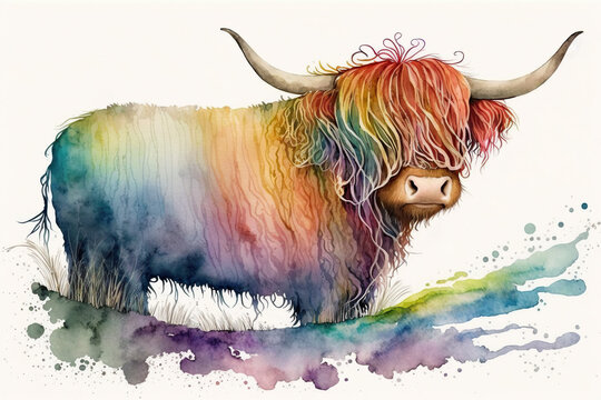 A Rainbow Highland Cow Watercolor, Generative AI