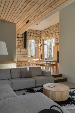 Contemporary interior of suburban home from natural materials