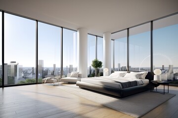 Wonderful luxury penthouse bedroom, high class real estate with skyline city view and large glass windows - Generative AI