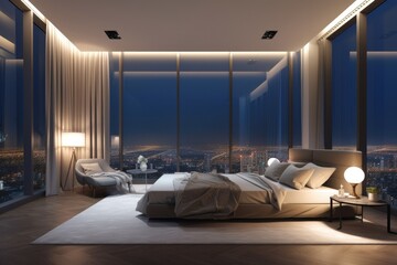 Luxury penthouse bedroom, high class real estate with skyline city view and large glass windows at night with beige color scheme - Generative AI
