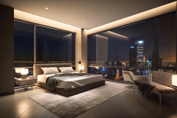 Luxury penthouse bedroom, high class real estate with skyline city view and large glass windows at night with beige color scheme - Generative AI
