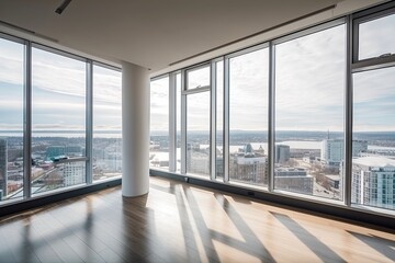 Wonderful luxury penthouse bedroom, high class real estate with skyline city view and large glass windows - Generative AI