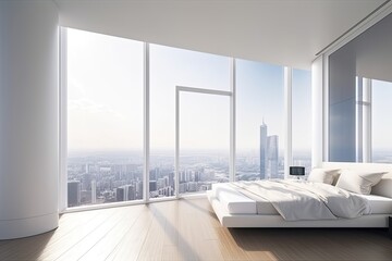 Wonderful luxury penthouse bedroom, high class real estate with skyline city view and large glass windows - Generative AI