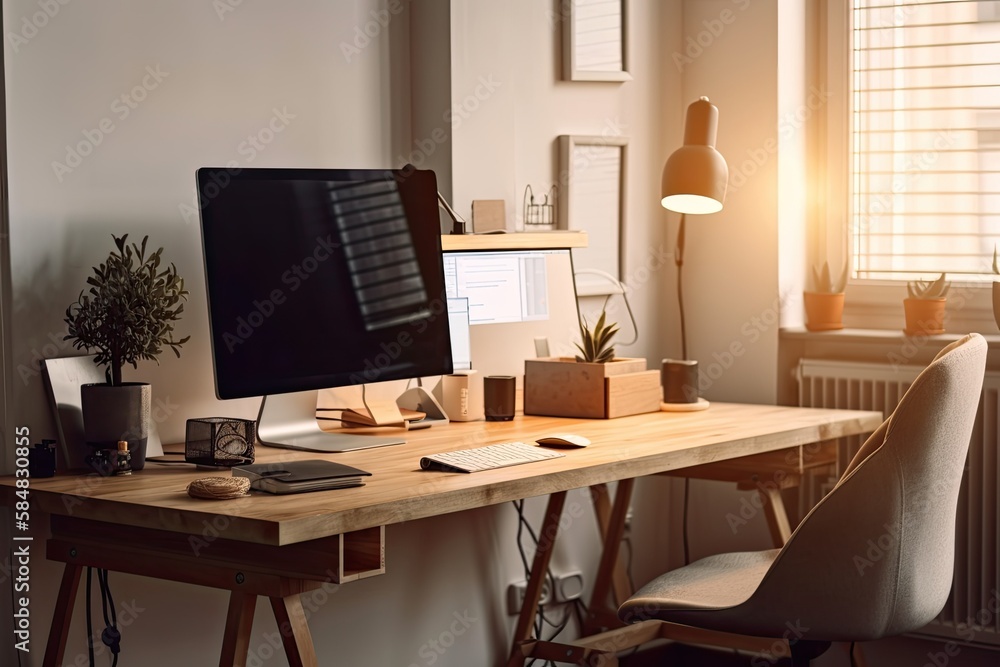 Poster comfortable office space. modern desktop computer. generative ai