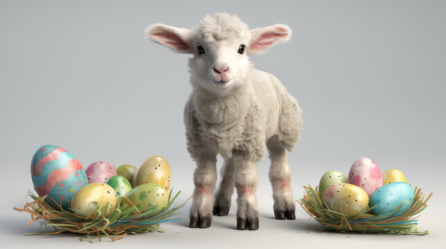 Osterlamm mit zwei Osternestern (Generative AI)