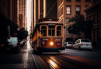 Plakat Cable Car Tram in downtown San Francisco in California. Generative AI