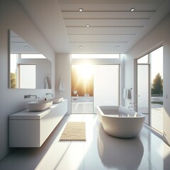 Naklejka na ściany i meble Stylish minimalist bathroom interior design. Bathtub, towels and other personal bathroom accessories. Modern glamorous interior concept. generative ai