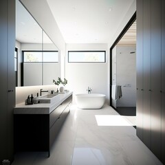 Fototapeta na wymiar Stylish minimalist bathroom interior design. Bathtub, towels and other personal bathroom accessories. Modern glamorous interior concept. generative ai