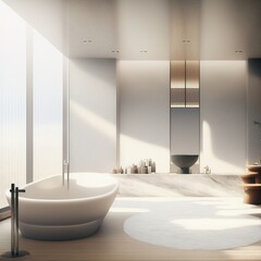 Naklejka na ściany i meble Stylish minimalist bathroom interior design. Bathtub, towels and other personal bathroom accessories. Modern glamorous interior concept. generative ai