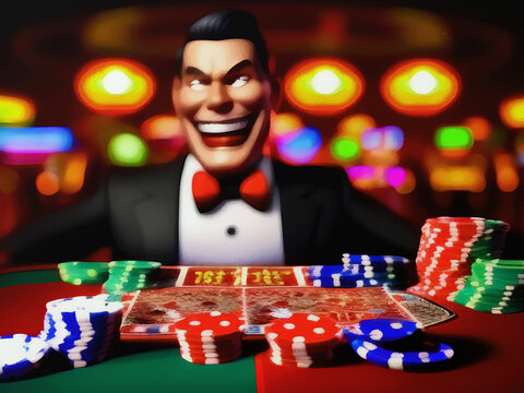 Smiling man at the poker table. Casino jackpot, playing cards