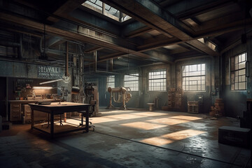 Fototapeta na wymiar Empty industrial Room, old repair shop, created by a neural network, Generative AI technology