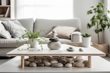 White table shelf with pebble balance and feng shui inscriptions above bohemian living room with couch. Zen inspired mezzanine,. Generative AI - obrazy, fototapety, plakaty