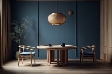 Minimalist Japanese style blue and beige tea ceremonial chamber mockup. Table, chairs, tatami. Japanese interiors. Generative AI