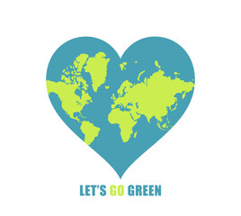  Earth Day. A heart-shaped world as a logo, sticker, icon, symbol. Vector illustration. Let's go green. Eco concept.