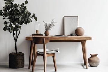 Empty home desk. A wooden table with a vase and plant against a white background in a living room. Empty simple Scandinavian home design backdrop. Generative AI