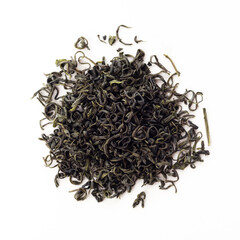 A bunch of chinese green tea,  isolated on a white background, close up. Green Tea use for weight loss, caffeine alternative and improving heart health.
