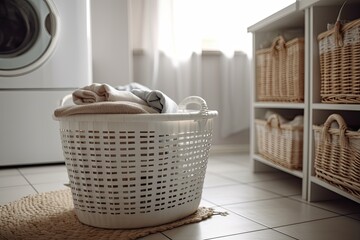Fototapeta na wymiar Indoor washing machine with laundry baskets. Bathroom interior. Generative AI