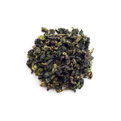 A bunch of chinese oolong tea, Tie Guan Yin isolated on a white background, close up. Green Tea use...