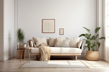 Interior mock up with comfy couch on white wall,. Generative AI