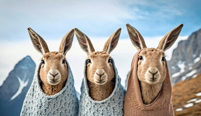Portrait of a rabbits wearing a warm knitted sweater on scenic snowy mountain environment