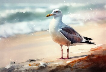 seagull on the beach, watercolor style, Generative AI