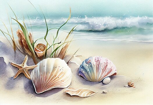 seashells on the beach, watercolor style, Generative AI