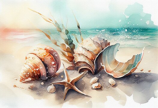 seashells on the beach, watercolor style, Generative AI