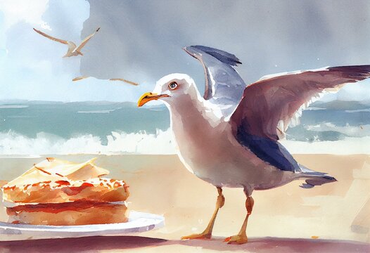 seagull stealing food on the beach, watercolor style, Generative AI