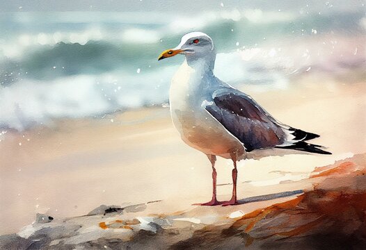 seagull on the beach, watercolor style, Generative AI