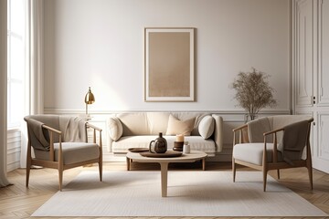 Fototapeta premium Contemporary classic light beige furniture interior. Nordic boho. Coffee table, vase, book, armchairs. blank wall mockup. Excellent illustration. Generative AI